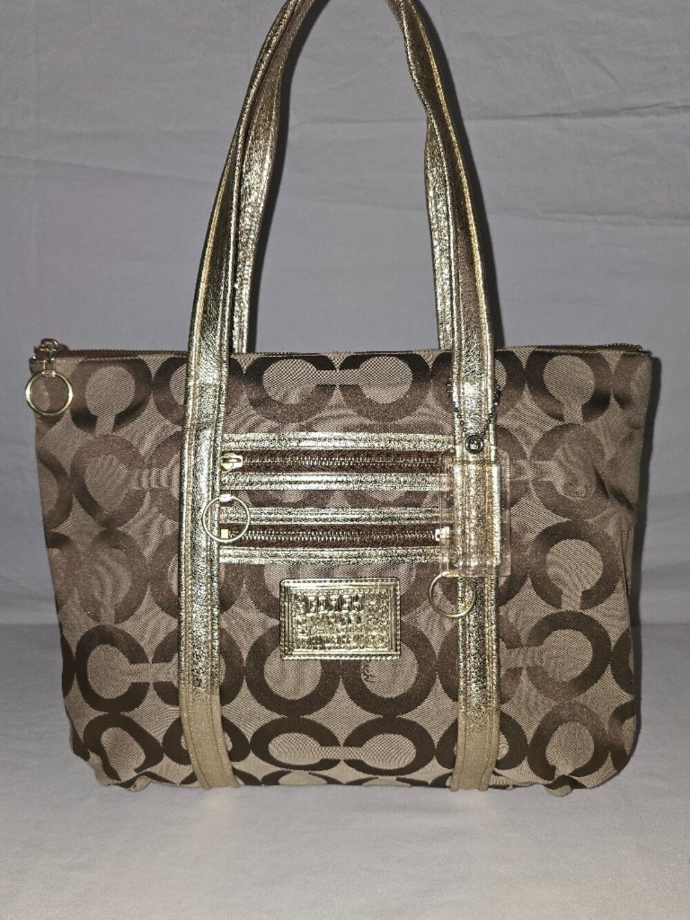 Coach 13826 Poppy Op Art Y2K Khaki Signature / Metallic Gold Glam Tote Bag